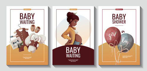 Set of Flyers with pregnant woman, romper, plush bunny, ultrasound baby picture. Motherhood, Pregnancy, baby shower, baby waiting concept. A4 vector illustration for poster, banner, advertising.