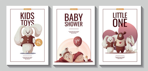 Set of flyers with newborn baby girl, teddy bear, plush bunnies. Motherhood, Pregnancy, baby waiting, baby care, childbirth concept. A4 Vector Illustrations for poster, banner, flyer, advertising.