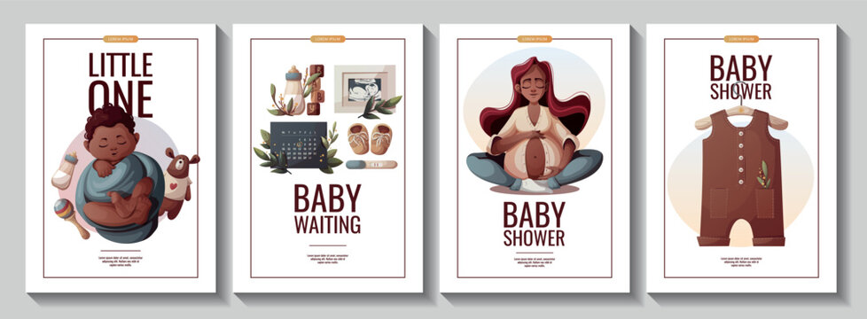 Set of flyers with pregnant woman, newborn boy, baby clothes, ultrasound baby picture, positive pregnancy test. Motherhood, Pregnancy, baby waiting, baby shower concept. A4 Vector Illustrations.