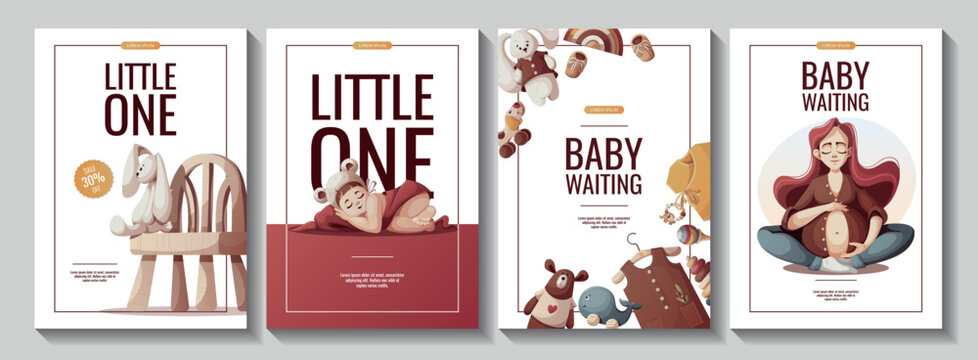 Set of flyers with pregnant woman, newborn baby girl, toys. Motherhood, Pregnancy, baby waiting, baby shower, childbirth concept. Vector Illustration for poster, banner, flyer, advertising.