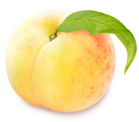 Pink Peach with leaf on White background with clipping path, Peach fruit isolated on white background.