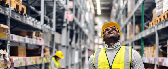Portrait two african american engineer team shipping order detail export and import,industry...