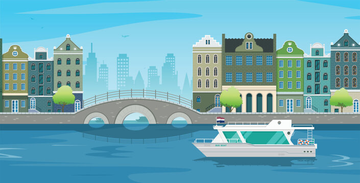 Old buildings with a bridge over the river in Amsterdam.