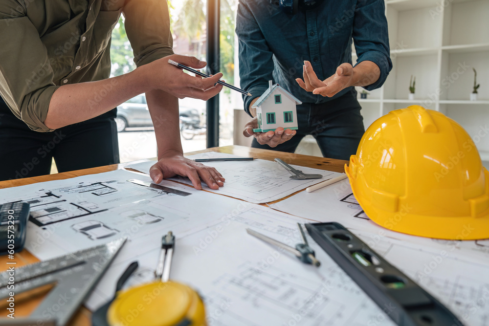 Poster construction concept of meeting engineers or architects for projects working with partners and engin