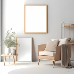 Blank canvas mockup wooden frame, boho style, modern interior design, home decoration, plant, vase, flower, lamp, furniture, art mockup