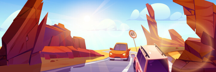 Fototapeta premium Desert car road traffic in canyon cartoon illustration. Vector highway in rocky hot landscape. Tourism drive asphalt way on automobile adventure in stone valley with sunshine beams in blue sky.