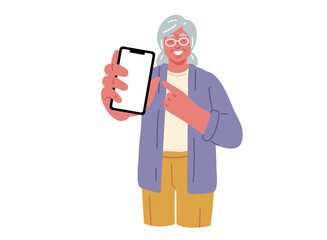 Senior woman showing on mobile phone and smile.Vector Illustration