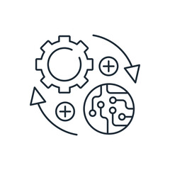 Gear with electronic filling marked with a checkmark. Proven, reliable technology, tool.Vector linear icon isolated on white background.