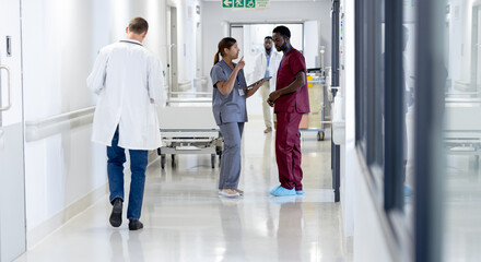 Diverse male and female doctors with stethoscopes talking and walking on corridor