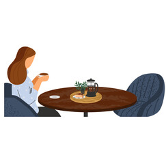 Woman drink tea sitting along in cafe vector icon