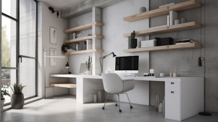 Fototapeta na wymiar modern white and concrete open space office , Generative AI