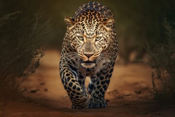 a leopard walking on a dirt road , Generative AI