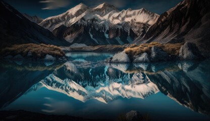 Fototapeta na wymiar beautiful landscape of mountain reflected in lake under blue sky , Generative AI