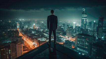 Fototapeta na wymiar man stand on rooftop over night city , Generative AI