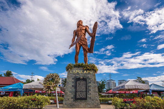 May 5, 2023: Lapulapu statue at Mactan Shrine in Mactan island, Cebu, Philippines. It was erected to honor the first Filipino hero, Rajah   Lapu Lapu, who stood up against the Spanish colonizers.