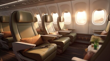 Empty passenger airplane seats in the cabin. Generative AI