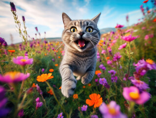 Naklejka na ściany i meble Funny and happy cat jumping on a flower meadow
