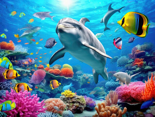 Naklejka na ściany i meble Dolphin with group of colorful fish and sea animals with colorful coral underwater in the ocean