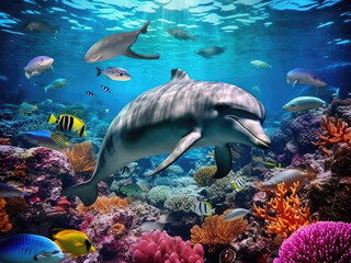 Fototapeta na wymiar Dolphin with group of colorful fish and sea animals with colorful coral underwater in the ocean