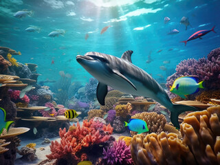 Dolphin with group of colorful fish and sea animals with colorful coral underwater in the ocean