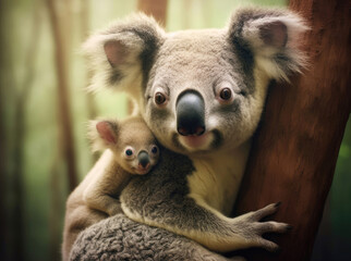 A mother koala with her baby in the forest