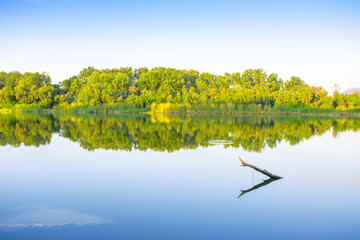 Calm water of lake, river, forest on other side. landscape. nature background. Calm water of river...