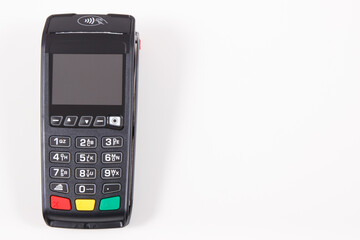 Credit card reader as device using for cashless paying. Payment terminal. Finance concept. Copy space for text