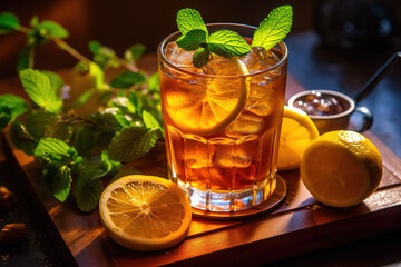 Glass of ice lemon tea with mint. Generative ai
