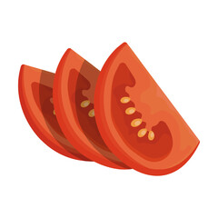 Slices of tomato. Tomato wedges and slices, halved and thinly sliced for salads and snacks. Flat cartoon vector isolated on white back