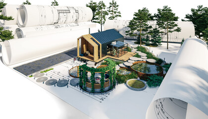 Entwurf eines Ferien-/Wochenendhauses in moderner Scheunen-Architektur und Gartengestaltung - 3D Visualisierung - obrazy, fototapety, plakaty