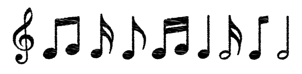 Music notes hand drawn black signs. Musical kid hand made key symbol. background. Music note symbols with treble clef (Full Vector)