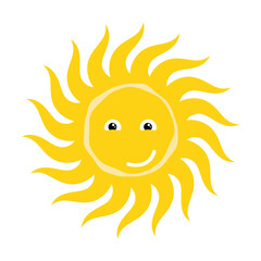 Stylized yellow summer sun funny character with affectionate face. Sun icon with different shapes of rays. Simple Vector isolated on white background