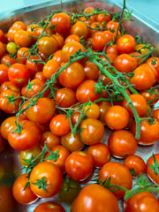 in a large box are ripe tomatoes with branches