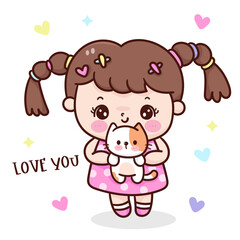 Cute girl and cat kawaii cartoon