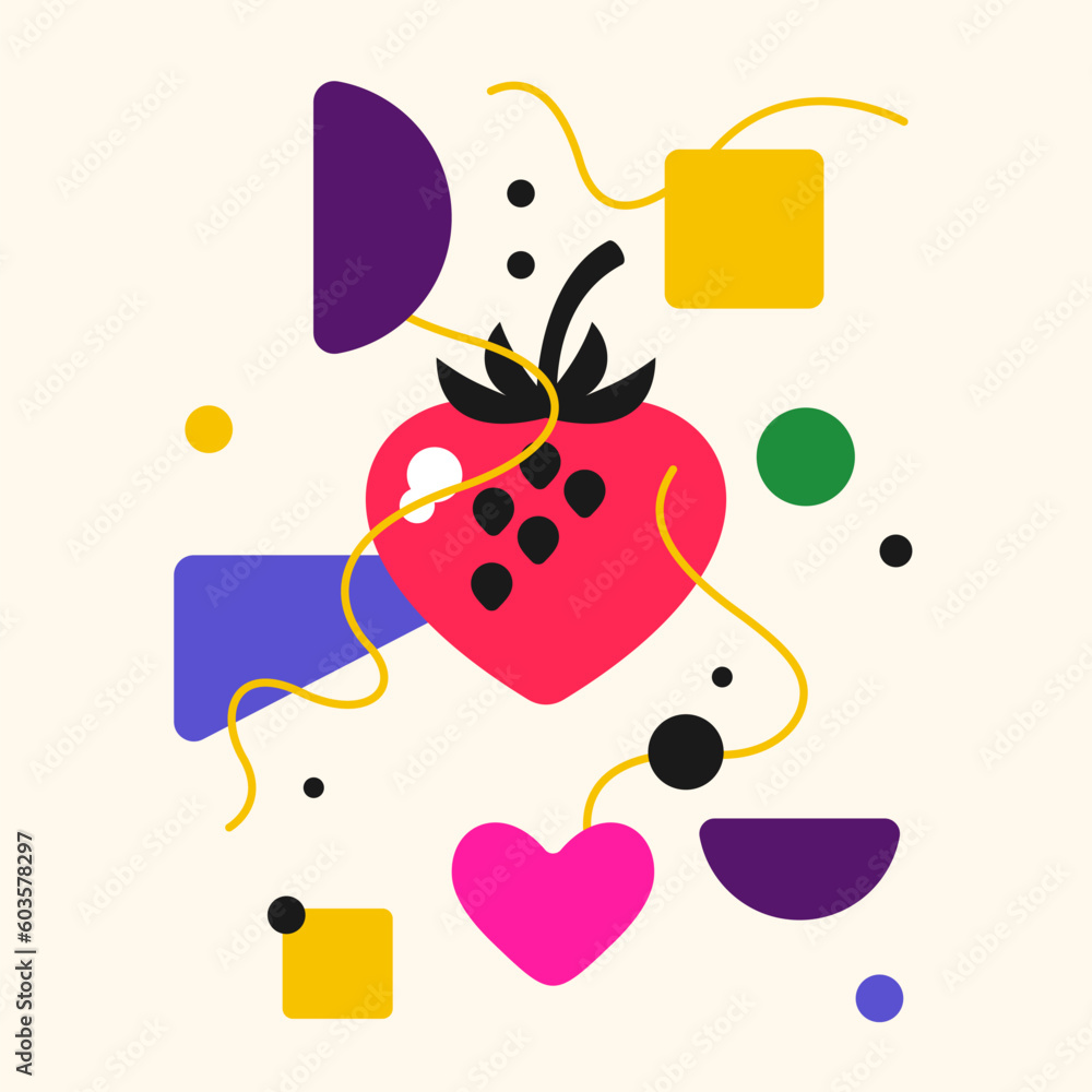 Poster vector graphics in a minimalistic style with geometric elements. illustration of a strawberry in a f