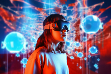 Fototapeta na wymiar Metaverse and blockchain technology concept with teenage girl. Virtual world experience. Future concept.Generative Ai content