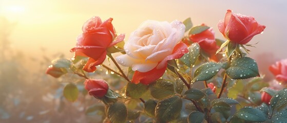 Beautiful red and white roses in the background of the morning sun. Nature background.
Created with generative AI technology.