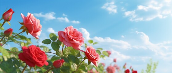 Beautiful red and white roses in the background of the morning sun. Nature background.
Created with generative AI technology.