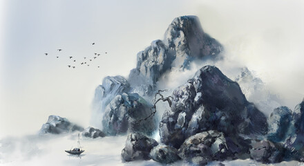 Chinese style ink realistic landscape painting scene illustration background