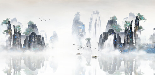 Zhangjiajie ink wash landscape painting with a Chinese style landscape background