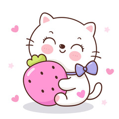 Cute cat hug strawberry