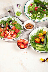 Various of spring vegetable salads. Tasty healthy food.