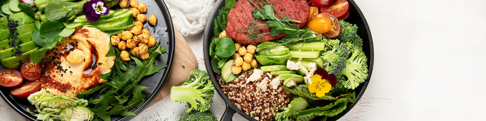 Healthy vegetarian and vegan  salads and Buddha Bowls with vitamins, antioxidants, protein on light  background.
