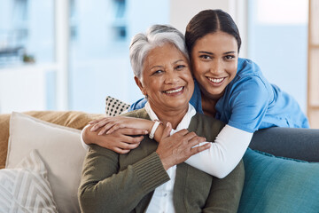 Smile, portrait and nurse hugging old woman in retirement house, bonding and medical care. Face, hug and elderly person with caregiver in nursing home on living room sofa for health, support or help.