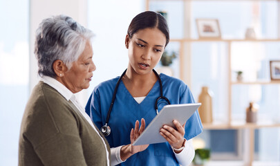Telehealth, senior woman or doctor with digital tablet, consultation or planning treatment for cure. Female person, employee or medical professional with a patient, women or technology for healthcare - Powered by Adobe