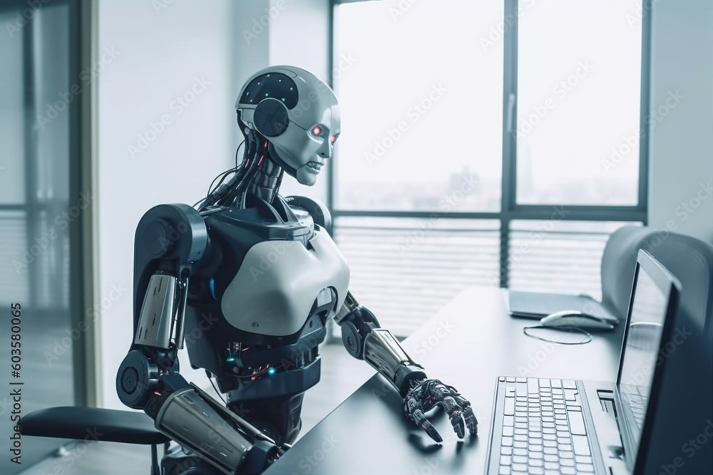 Poster digital laptop hand paper ai document artificial technology office robot. generative ai.