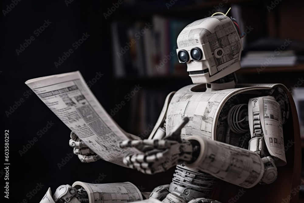 Poster digital hand ai robot technology document artificial office laptop paper. generative ai.