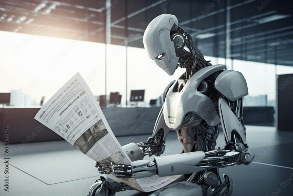 Aufkleber document paper hand ai office laptop technology robot digital artificial. generative ai.