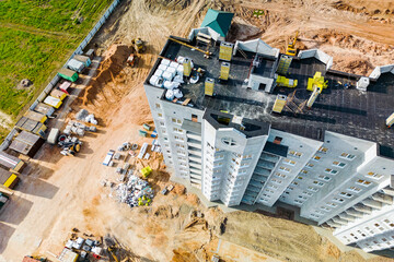 Monolithic frame construction of the building. Solid walls of concrete. View from above. Modern...