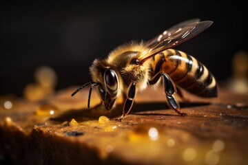 gold background yellow bee insect closeup nature macro vibrant pollen honey. Generative AI.